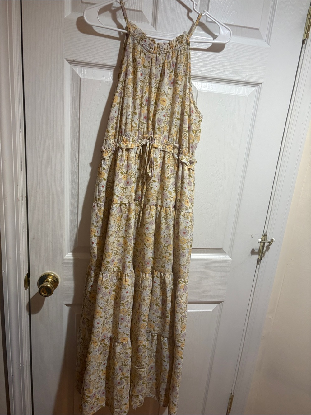 Yellow Floral Tiered Maxi Dress with Adjustable Waist